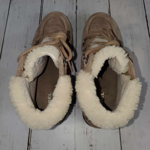 Sorel Harlow Lace Cozy Bootie Tan Suede Sherpa Women's Size 6.5 Winter Boots - Picture 6 of 11